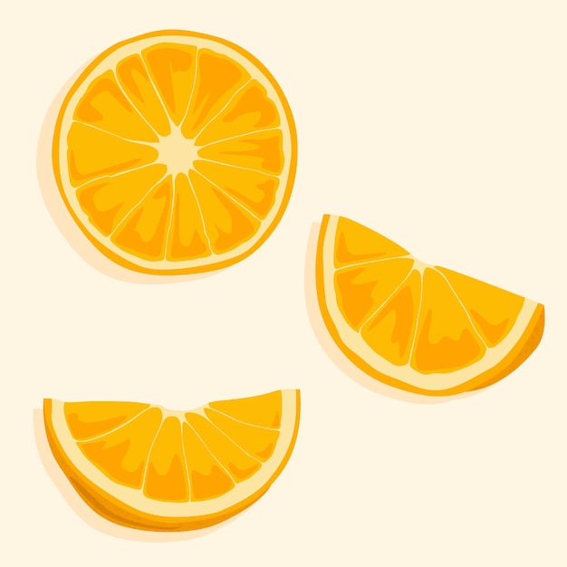 Vector rodajas de naranja redondas y cortadas por la mitad iconos vectoriales frutas dulces y brillantes ingredientes naturales