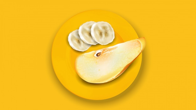 Vector rodajas de plátano y pera en un plato amarillo.