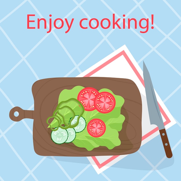 Rodajas de tomate y pepino en tabla de cortar sobre mantel Ilustración vectorial Banner de verano Vector conceptual