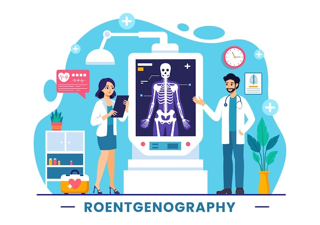 Roentgenografía Ilustración vectorial con fluorografía Procedimiento de chequeo corporal Escaneo de rayos X o Roentgen en la atención médica en un fondo plano de dibujos animados