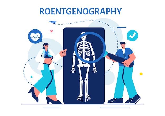 Roentgenografía Ilustración vectorial con fluorografía Procedimiento de chequeo corporal Escaneo de rayos X o Roentgen en la atención médica en un fondo plano de dibujos animados