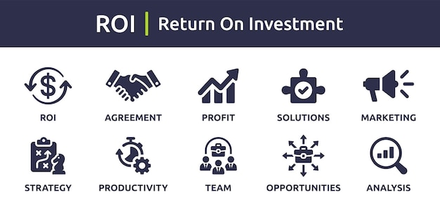 ROI, retorno de la inversión, conjunto de iconos financieros y de negocios