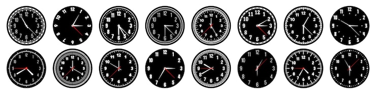 Vector rojas de reloj mecánicos con manillas, bisel, esfera de reloj con marcas de minutos, horas y números en árabe