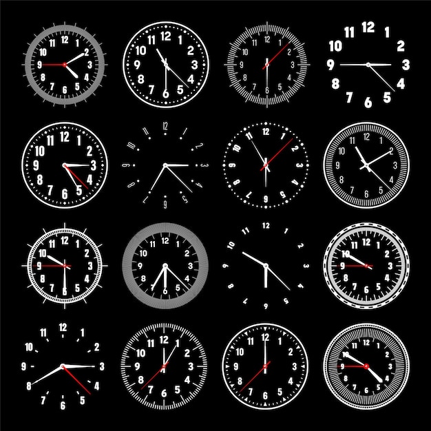 Rojas de reloj mecánicos con manillas, bisel, esfera de reloj con marcas de minutos, horas y números en árabe