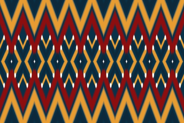 Rojo, amarillo en azul marino étnico asiático geométrico oriental ikat sin fisuras patrón tradicional. diseño de fondo, alfombra, fondo de pantalla, ropa, envoltura, batik, tela. estilo de bordado. vector