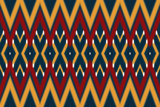 Rojo, amarillo en azul marino étnico asiático geométrico oriental ikat sin fisuras patrón tradicional. diseño de fondo, alfombra, fondo de pantalla, ropa, envoltura, batik, tela. estilo de bordado. vector