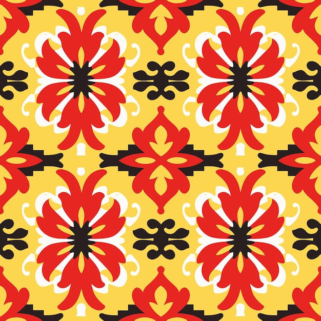 Rojo y amarillo barroco rococó arabesco azulejos florales nuevo patrón sin costura