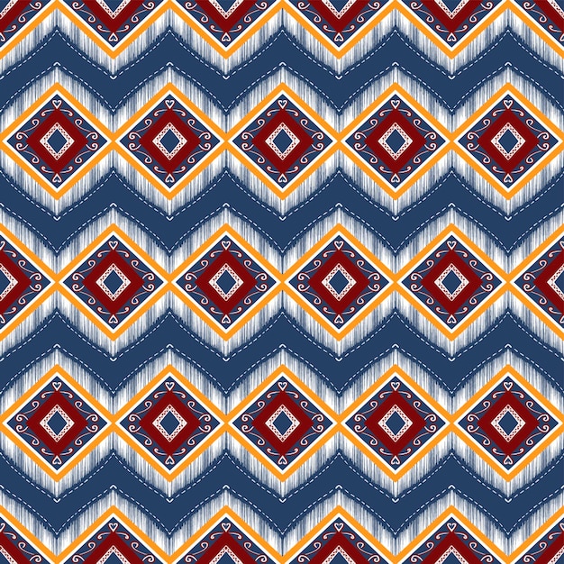 Rojo, amarillo, blanco sobre azul marino. patrón geométrico étnico oriental diseño tradicional para fondo, alfombra, papel pintado, ropa, envoltura, batik, tela, estilo de bordado de ilustración vectorial.