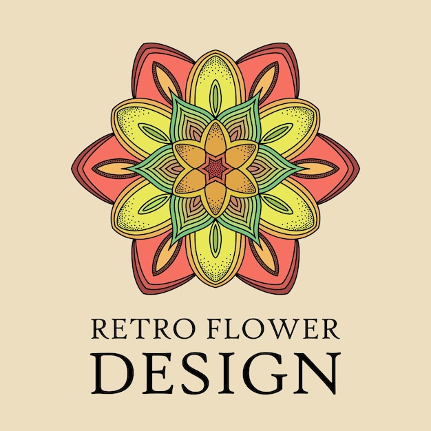 Rojo, amarillo y verde, retro, vector, flor, logotipo, diseño, línea, y, puntos, floral, patrón, para, empresa, logotipo, diseño retro, para, boutique, floristerías, salón de belleza, fondo beige, aislado, logotipo