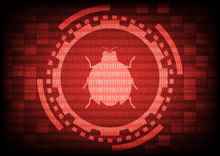 Vector rojo de anillo y engranajes con malware bug un virus de computadora
