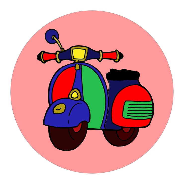Vector rojo y azul, vendimia, vespa, motocicleta, mano, dibujo, ilustración, vector, aislado