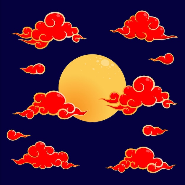 Vector rojo cielo dorado luna chino año nuevo decoración vector dibujo pintura diseño colección conjunto