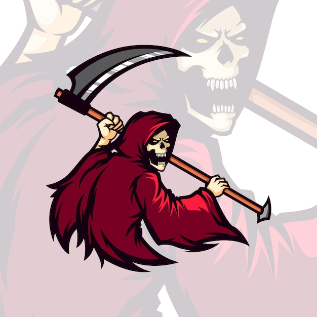 rojo encapuchado mortal grimm reaper sosteniendo guadaña vector mascota