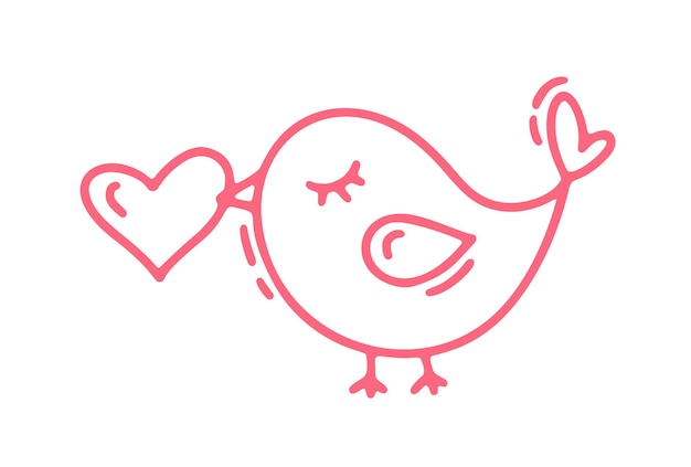 Rojo Monoline lindo pájaro con corazón Vector Día de San Valentín Icono dibujado a mano Boceto de vacaciones