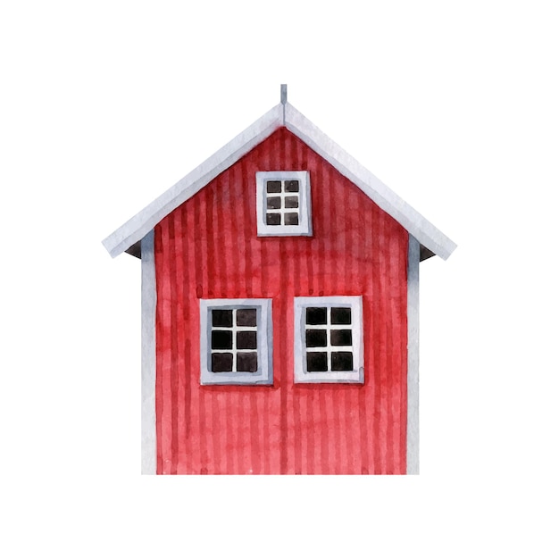 Rojo, norteño, escandinavo, casa, con, blanco, windows, acuarela, ilustración, vector clipart