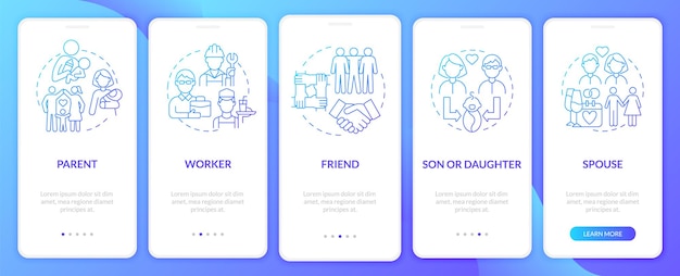 Los roles sociales son un ejemplo de la pantalla de la página de la aplicación móvil de incorporación de degradado azul. Instrucciones gráficas de 4 pasos del tutorial de posición con conceptos. UI, UX, plantilla vectorial GUI con ilustraciones en color lineal