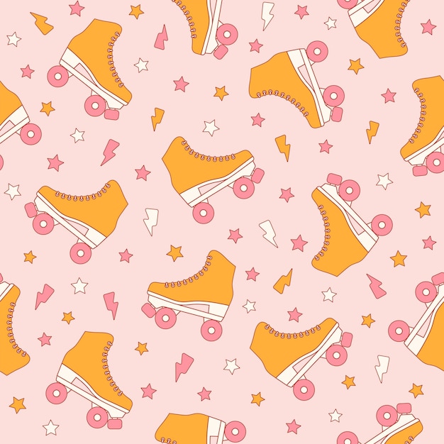 Roller skate groovy patrón sin costuras fondo vectorial retro de colores brillantes estampado de moda de estilo dibujos animados para papel tapiz de tela papel de envoltura