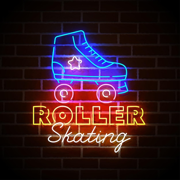 Vector roller skating signo de neón cartel brillante bandera de luz roller skates icono emblema de neón ilustración vectorial