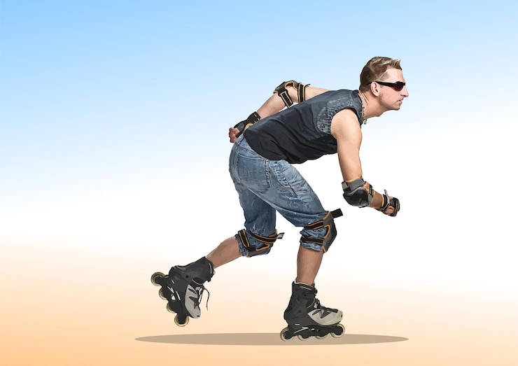 Vector rollerblader con equipo de protección acelerando en patines en línea en un fondo de pendiente