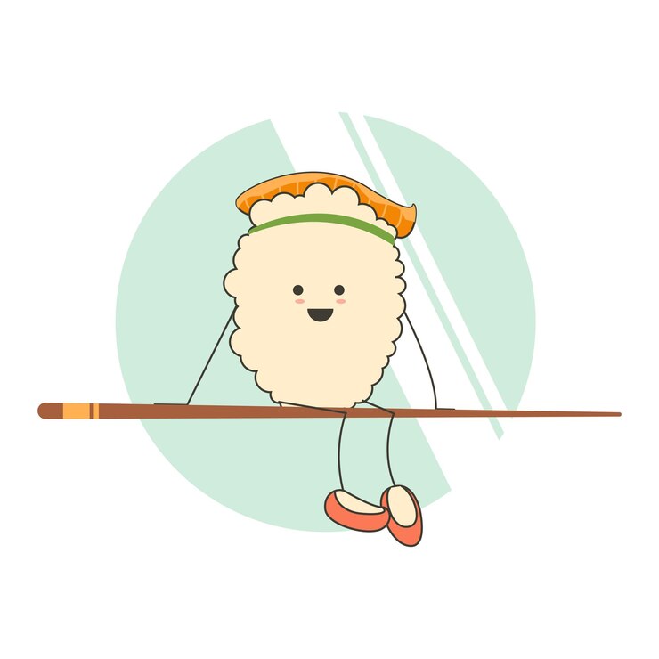 Vector un rollo de arroz relleno de anguila se sienta en un palo chino con una dulce sonrisa