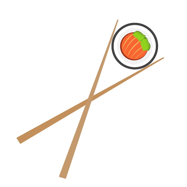 Vector rollo de arroz de sushi maki con salmón en palillos aislado sobre fondo blanco.