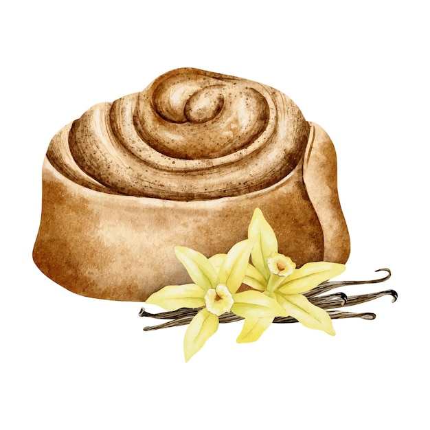 Rollo de canela en espiral flores y vainas de vainilla acuarela aislada ilustración dibujada a mano pan de pastel dulce para tarjeta de embalaje de etiqueta para bloggers de comida de panadería