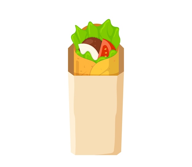 Vector rollo de carne de comida rápida shawarma en envases de papel árabe oriental tostado doner kebab comida de dibujos animados