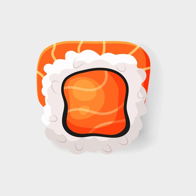 Rollo de icono de sushi con arroz con queso crema y salmón Ilustración de dibujos animados de vector aislado