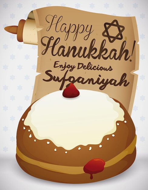 Vector rollo con mensaje de saludo y una deliciosa sufganiyah en un cartel conmemorativo de las vacaciones de hanukkah