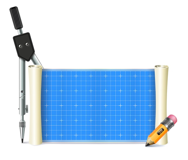 Rollo de papel para dibujos de ingeniería y computación. también brújula geométrica y lápiz, aislado.