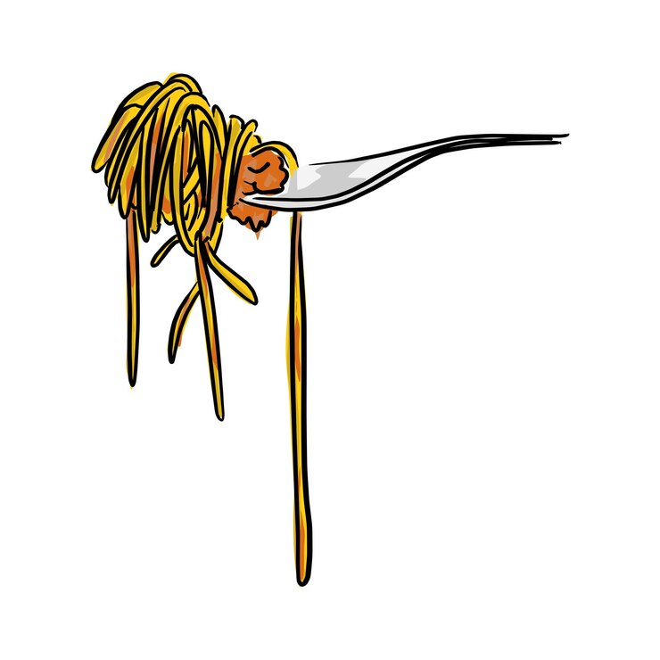 Vector rollo de pasta italiano en la horquilla ilustración vectorial boceto garabatos dibujado a mano con líneas negras