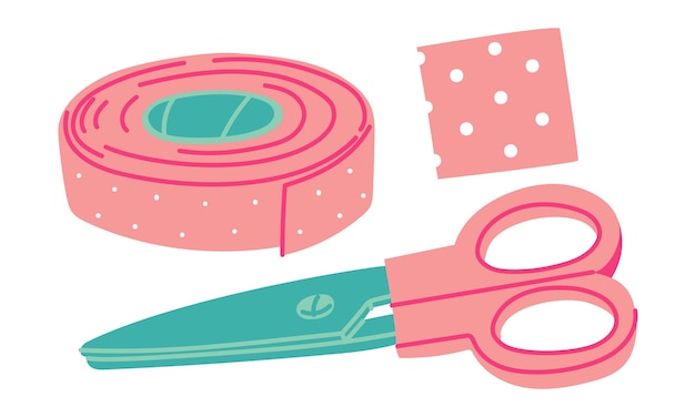 Un rollo plano de cinta adhesiva de color vectorial en un rollo de tijeras y una pieza de primeros auxilios rollo rosa