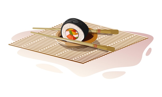 Rollo de sushi asiático en un plato con salsa de soja