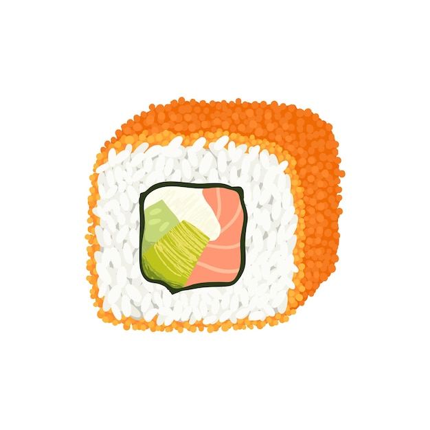 Rollo de sushi californiano envuelto en arroz y masago de naranja o caviar tobico. clipart vectorial realista.