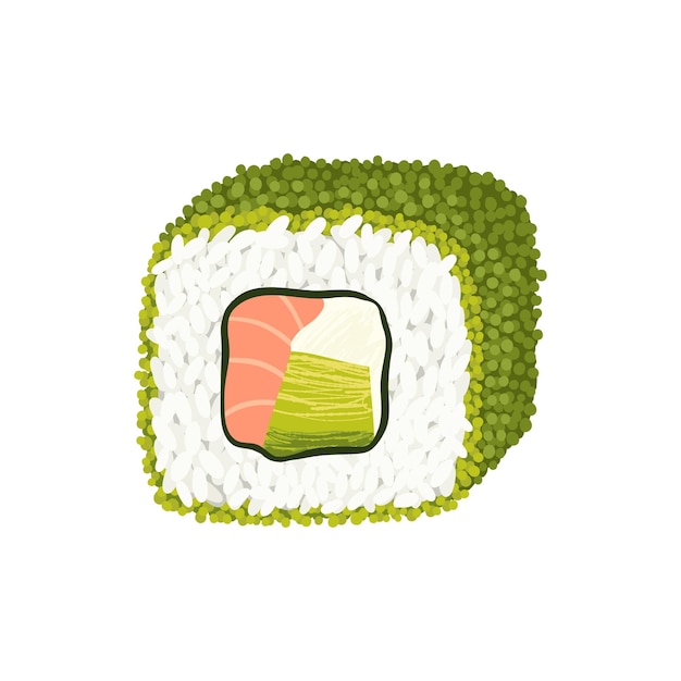 Rollo de sushi californiano envuelto en arroz y masago verde o caviar tobico. Clipart vectorial realista.