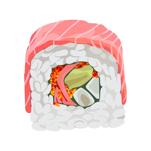 Rollo de sushi con cangrejo de atún y tobiko Ilustración de vector de icono de comida dibujada a mano