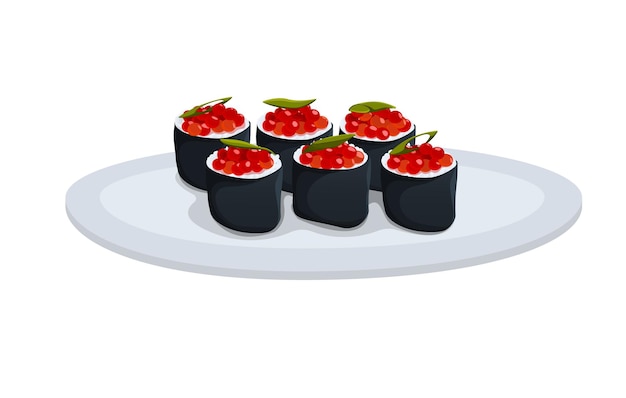 Vector rollo de sushi con caviar rojo y cebolla