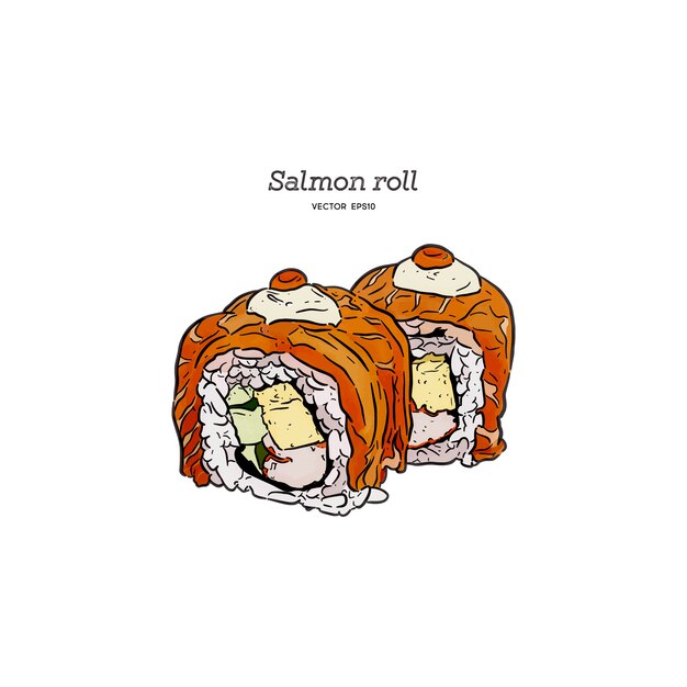 Rollo de sushi de color salmón, vector del bosquejo del drenaje de la mano.