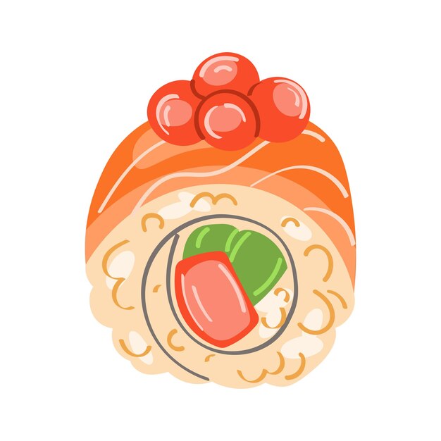 Rollo de sushi. Concepto de snack, sushi, nutrición exótica, restaurante de sushi, marisco. Vector