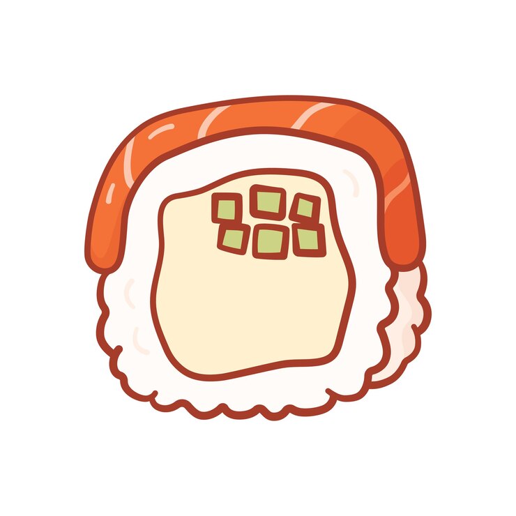 Vector rollo de sushi en estilo garabato comida asiática tradicional en estilo de dibujos animados sobre fondo blanco