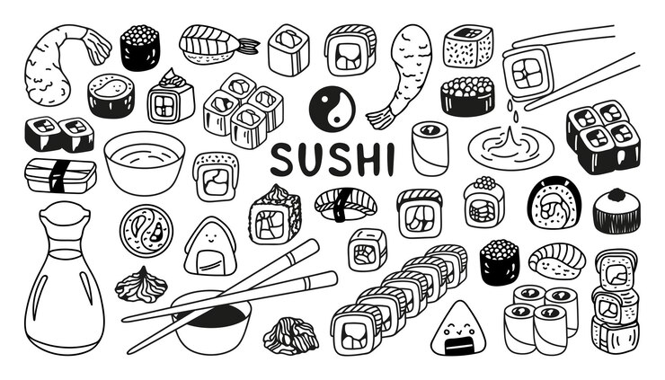 Vector rollo de sushi japonés en estilo garabato dibujado a mano comida asiática para el menú de restaurantes