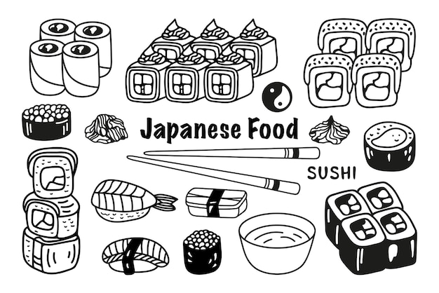 Rollo de sushi japonés en estilo garabato dibujado a mano comida asiática para el menú de restaurantes