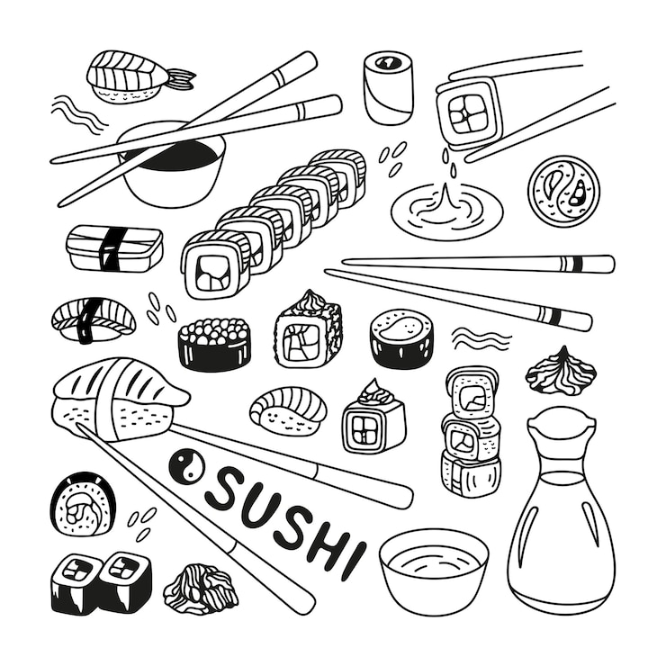 Vector rollo de sushi japonés en estilo garabato dibujado a mano comida asiática para el menú de restaurantes