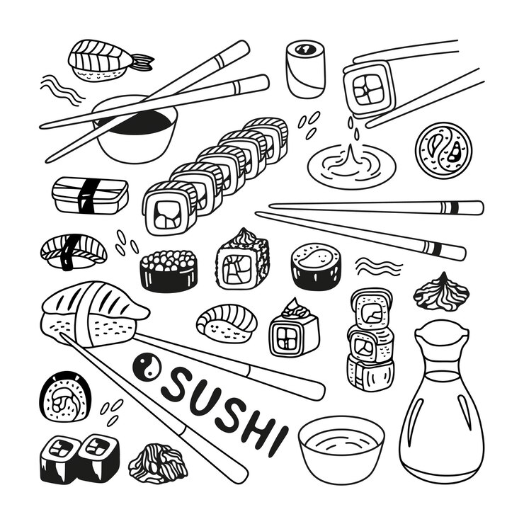 Vector rollo de sushi japonés en estilo garabato dibujado a mano comida asiática para el menú de restaurantes
