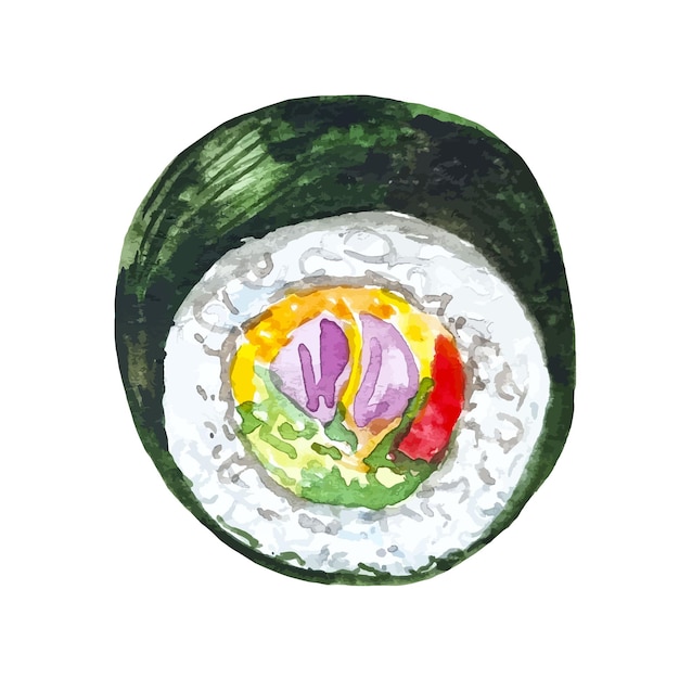 Rollo de sushi maki con atún en nori acuarela ilustración de comida asiática para el menú