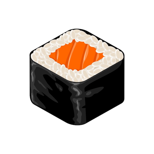 Rollo de sushi con nori, arroz y salmón. Aislado sobre fondo blanco. Ilustración de color plano.