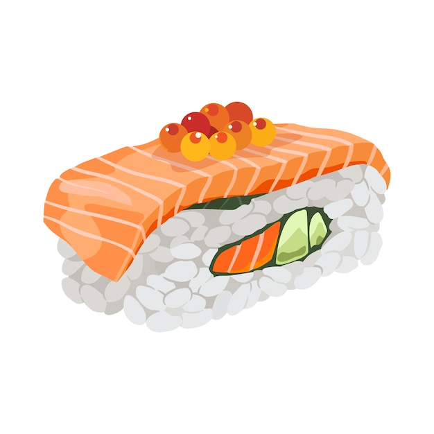 Rollo de sushi con salmón, aguacate y caviar ilustración de vector de icono de comida dibujada a mano