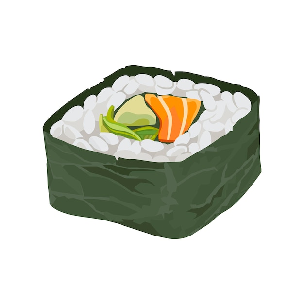 Rollo de sushi con salmón, aguacate y nori Dibujado a mano icono de comida ilustración vectorial