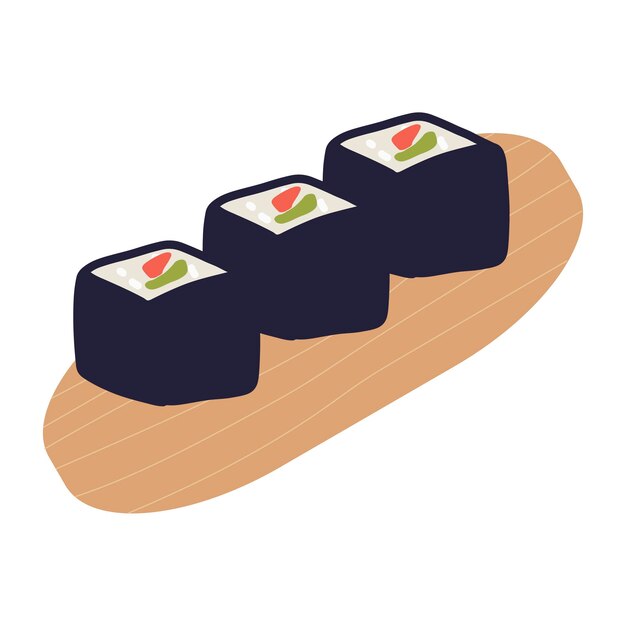 Rollo de sushi con salmón y aguacate en plato. Linda ilustración de dibujos animados. comida asiática, comida asiática