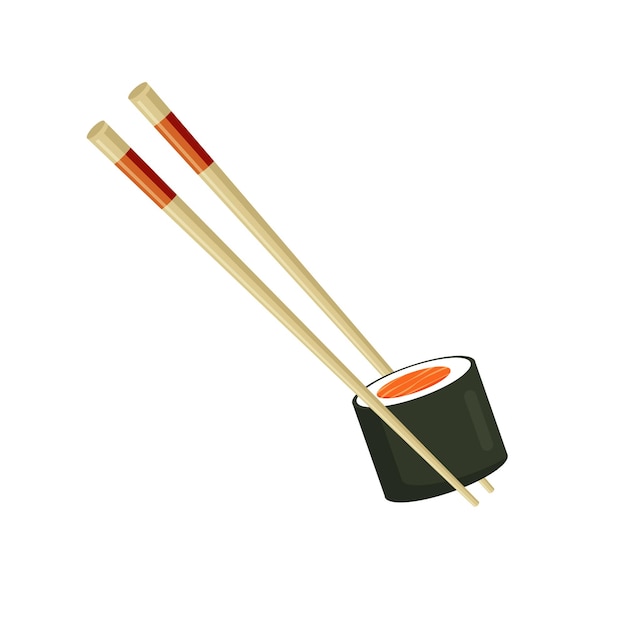 Rollo de sushi de salmón. Palillos que sostienen un plato de pescado japonés. Comida de mar asiática tradicional. Vector.